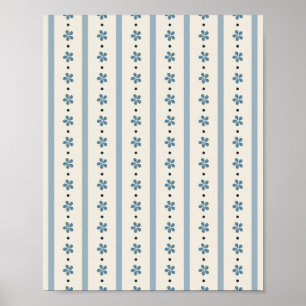 Poster Rayures Bleues Et Crème Et Fleurs