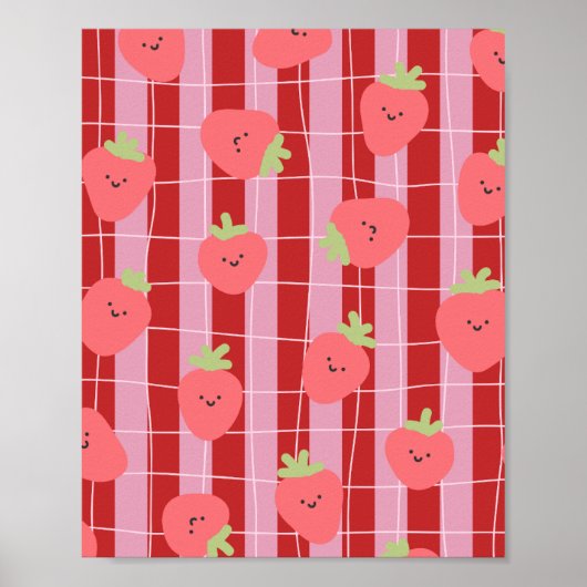 Poster Rayures roses et rouges, avec des fraises (Devant)