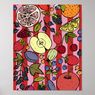 Poster Rayures roses et rouges avec des fruits colorés