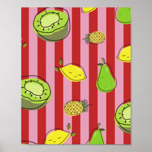 Poster Rayures roses et rouges avec motif de fruits