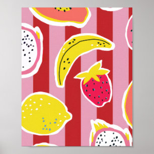 Poster rayures rouges et roses avec des fruits tropicaux
