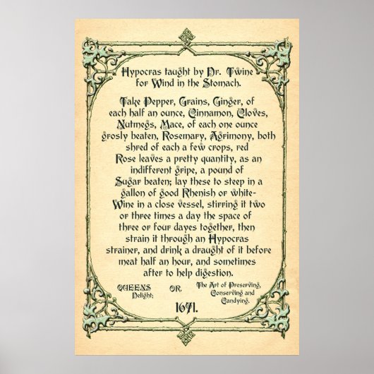 Poster Recette historique pour le vent dans l'estomac, Po (Devant)