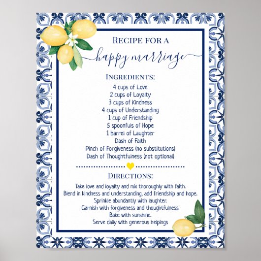 Poster Recette pour un mariage heureux Citrons Douche Cad (Devant)