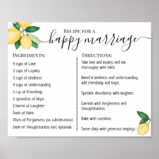 Poster Recette Pour Un Mariage Heureux Jeunes Mariés Citr