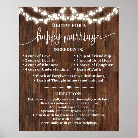 Poster Recette pour un mariage heureux Mariage cadeau pay (Devant)