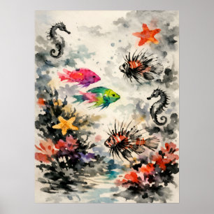 Poster Récif surréaliste Art de la faune à l'aquarelle