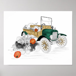 Poster Récolte de citrouilles de voiture vintage