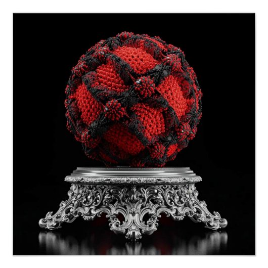 Poster Red And Black Mandelbrot Sphere On Silver Pedestal (Devant)