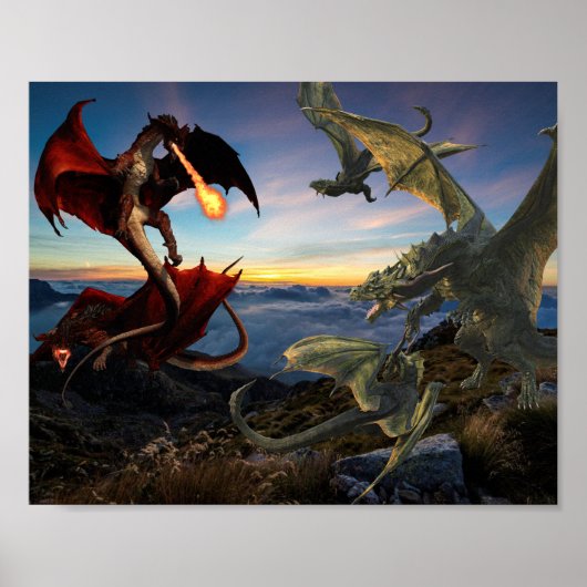 Poster Red and Green Dragon Battle Fantasy (Devant)