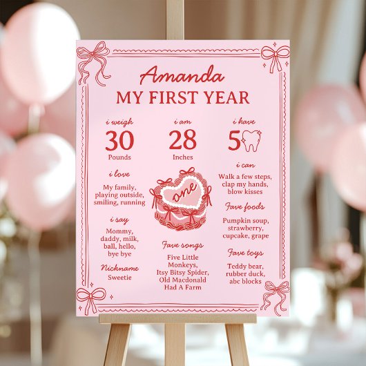Poster Red and Pink Bow Cake 1st Birthday Milestone Sign