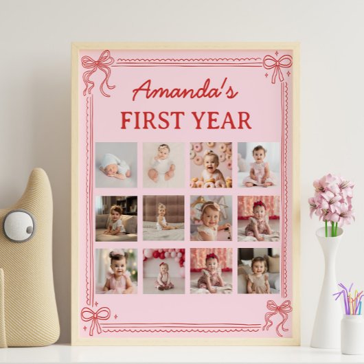 Poster Red and Pink Bow Cake Birthday Photo Milestone