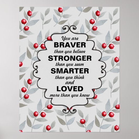 Poster Red Berries Grey Feuilles Mots d'encouragement (Devant)