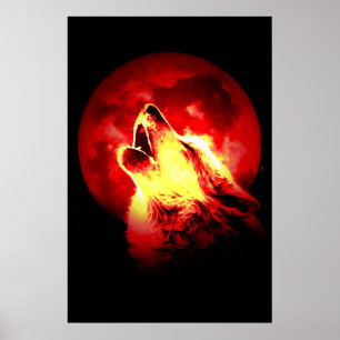 Poster Red Black Motivational Wolf Howls Fullmoon Print