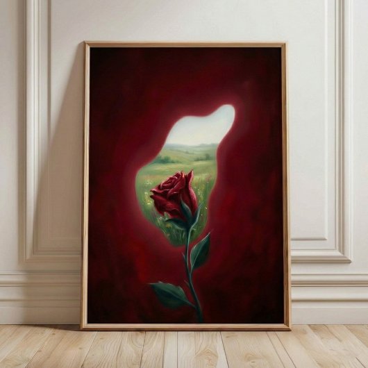 Poster Red Bloom Window – Surreal Floral Wall Art Print