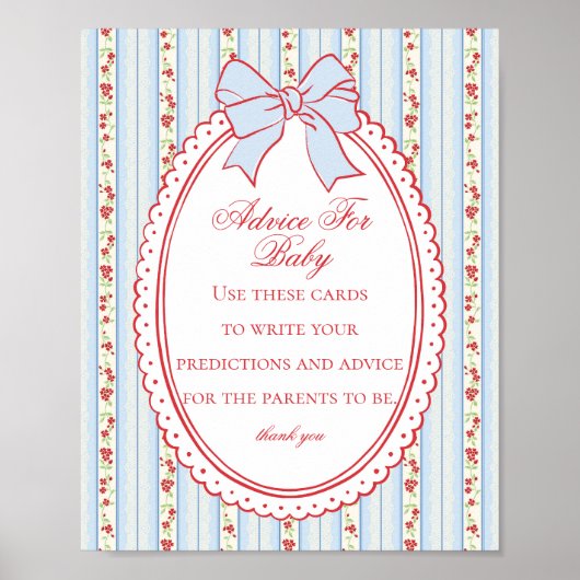 Poster Red & Blue Vintage Fancy Floral Advice Baby Shower (Devant)