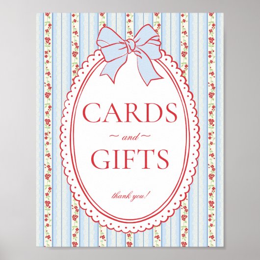 Poster Red & Blue Vintage Fancy Floral Card & Gifts Sign (Devant)