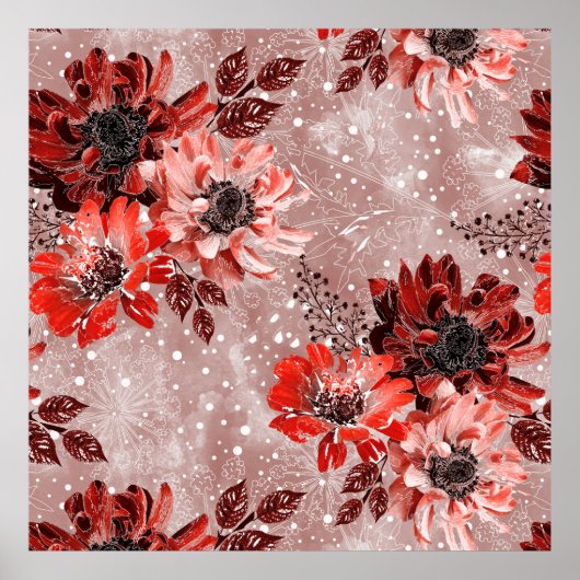 Poster Red, burgundy flowers. (Devant)