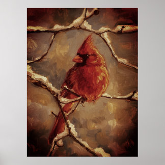 Poster Red Cardinal Bird Oil Painting – Winter Branch