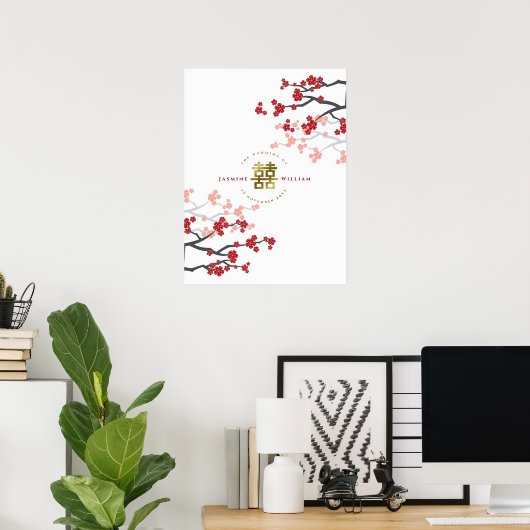 Poster Red Cherry Blossoms Gold Double Happiness (Bureau à domicile)