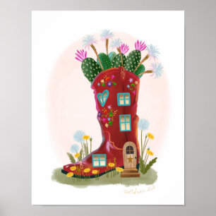 Poster Red Cowboy Boot and Cactus House Art Print