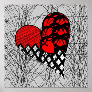 Poster Red et Black Doodle Heart Funky Picture