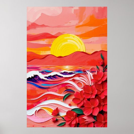 Poster Red Floral Coast Quilling Art with Sunrise Waves & (Devant)