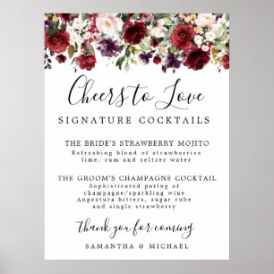 Poster Red Floral Signature Cocktails Wedding Bar Sign
