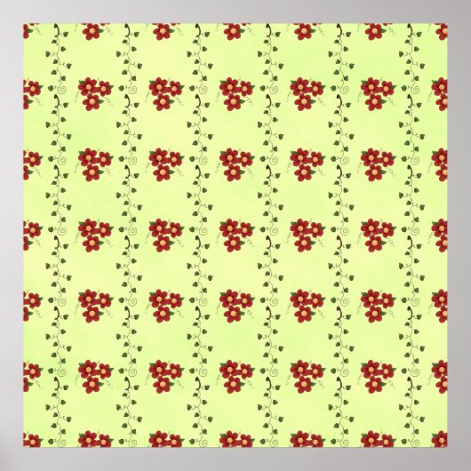 Poster Red Floral Vine Pattern on Light Green (Devant)