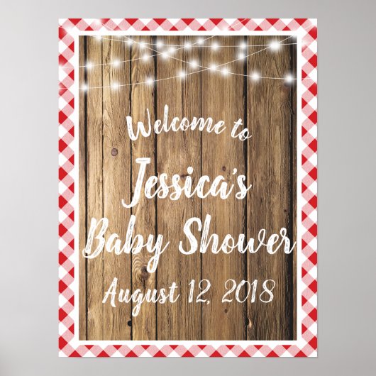Poster Red Gingham Rustic Wood Sting Lights Event Shower (Devant)