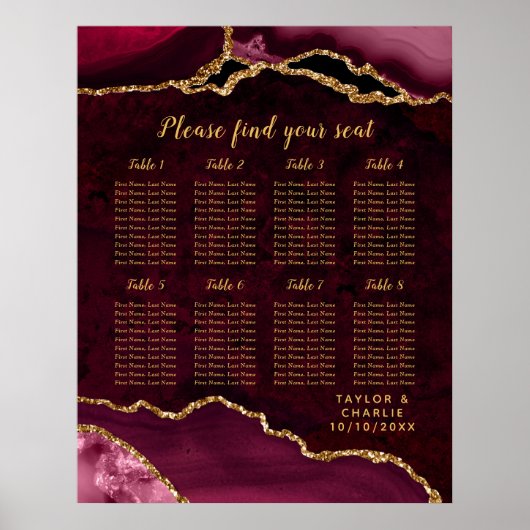 Poster Red Gold Agate Wedding Seating Chart 8 Table (Devant)