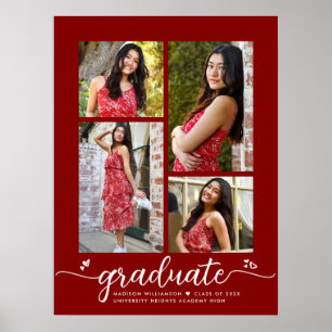 Poster Red Graduation 4 Photo Script Coeurs Modern Girly