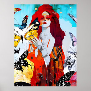 Poster Red Haired Woman et Papillons Médias mixtes