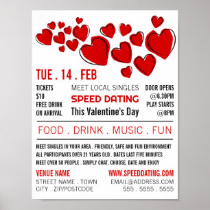 Poster Red Hearts, Speed Dating Evénement Publicité