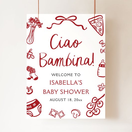 Poster Red Italian Cute Ciao Bambina Baby shower Bienvenu
