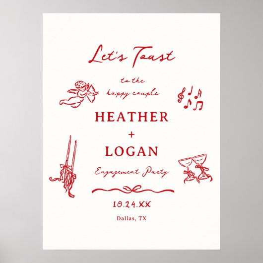 Poster Red Let's Toast Engagement Party Welcome (Devant)