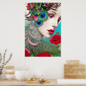 Poster Red Lips et Rose Peacock Abstrait (Cuisine)
