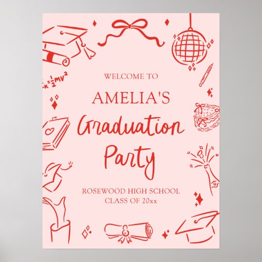 Poster Red Modern Hand Drawn Graduation Party Welcome (Devant)