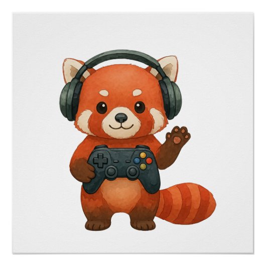 Poster Red Panda Gamer, contrôleur de jeu et casques (Devant)