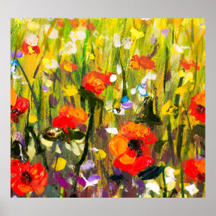Poster Red Poppies Champ peinture Abstraite