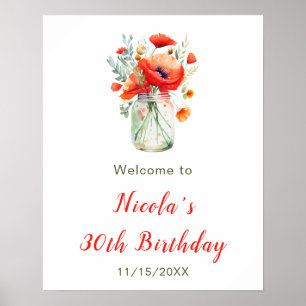 Poster Red Poppies Mason Jar Bienvenue à l'anniversaire
