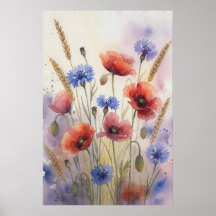 Poster Red Poppy Blue Cornflower Watercolor Print