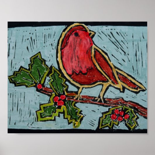 Poster Red Robin, Green Holly Red Berries (Devant)