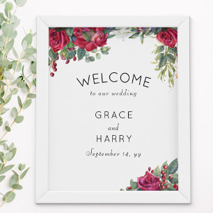 Poster Red Rose and Eucalyptus Wedding Welcome