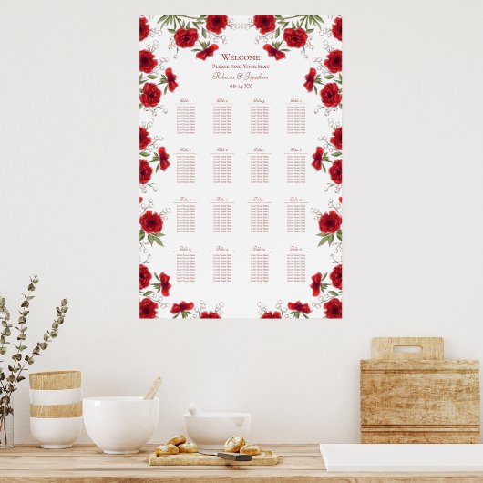 Poster Red Rose Romantic Wedding Seating Chart (Cuisine)