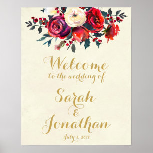 Poster Red roses berries winter wedding welcome sign