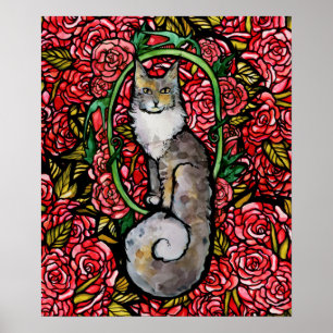 Poster Red Roses Maine Coon Kitty Chat Art Rose Jardin Ch