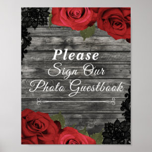 Poster Red Roses Rustic Black Lace Wedding Guestbook Sign