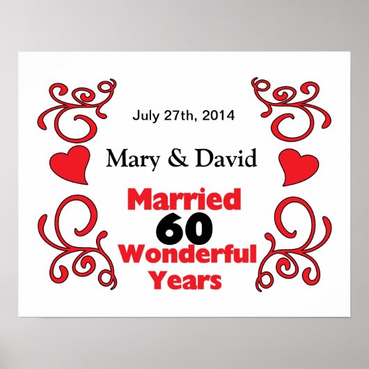 Poster Red Scroll & Hearts Names & Date 60 Yr Anniversary (Devant)
