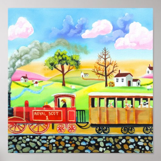 Poster Red steam train naive folk art painting (Devant)