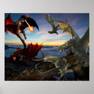 Poster Red vs Green Dragons Bataille Imaginaire Combat
